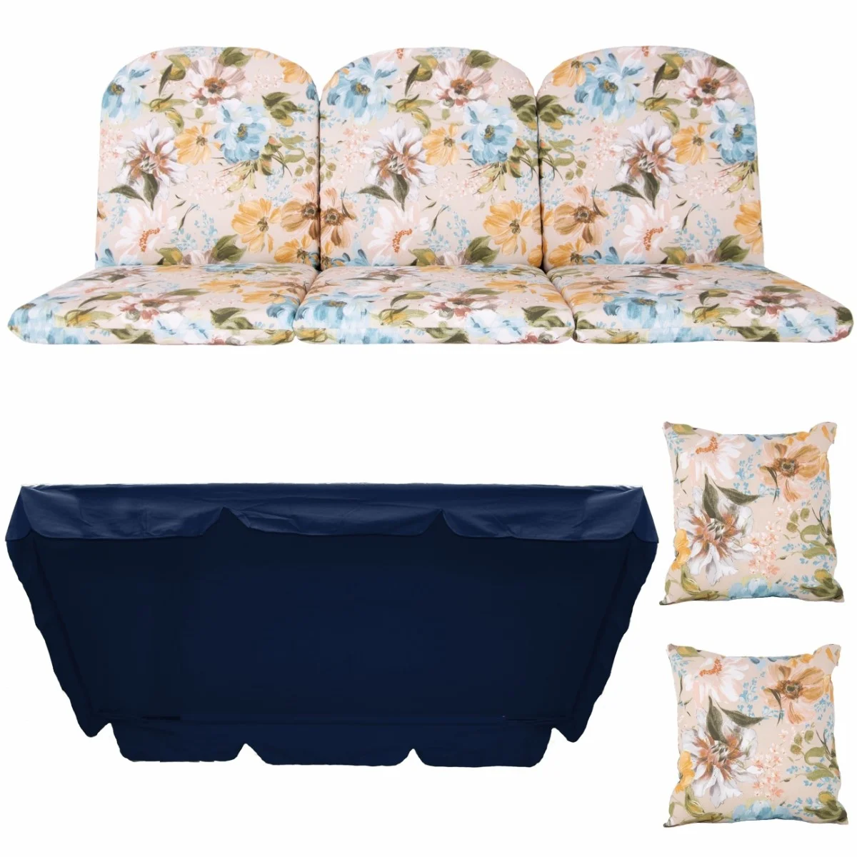 Poduszki ogrodowe 180cm, do huśtawki, komplet z jaśkami i daszkiem, wzór kwiatowy i jednolity granat.