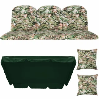 Poduszki ogrodowe na huśtawkę 180 cm, komplet w zielone liście z daszkiem i jaśkami. Idealne na taras lub do ogrodu.