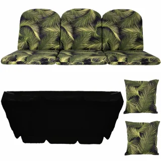 Poduchy ogrodowe 180cm na huśtawkę z jaśkami i daszkiem, wzór liście palmy, zielono-czarne.