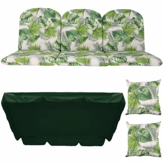 Poduchy ogrodowe 180cm na huśtawkę z jaśkami i daszkiem. Zielony wzór liści na białym tle.