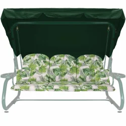 Poduszki na huśtawkę 180cm do ogrodu z jaśkami, w zielone liście. Zestaw z daszkiem w kolorze ciemnozielonym.
