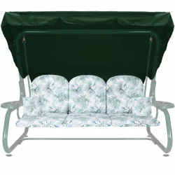 Poduszka ogrodowa 180cm na huśtawkę z jaśkami i daszkiem, zielony wzór roślinny.
