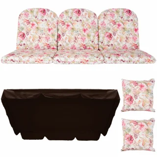 Poduszki ogrodowe 180cm z jaśkami i daszkiem, na huśtawkę, w kwiaty. Kolorystyka różowo-beżowa.