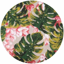 Materiał dekoracyjny z motywem liści tropikalnych i różowych kwiatów. Idealny na obicie mebli ogrodowych.