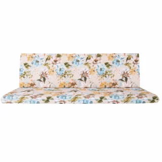Poduszka na ławkę ogrodową 180 cm, kompletna z oparciem. Kwiatowy wzór w odcieniach błękitu i żółci.