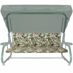 Poduszka 180cm na huśtawkę do ogrodu, w zielony wzór liściowy, z daszkiem.