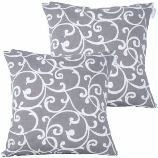 Zestaw jaśków dekoracyjnych na kanapę, szaro-białe z wzorem w spirale.