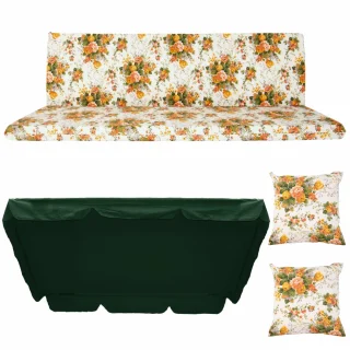Poduszki ogrodowe 180cm na huśtawkę, z jaśkami i daszkiem. Kwiatowy wzór w odcieniach zieleni i pomarańczu.