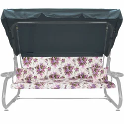 Poduszka ogrodowa na huśtawkę, rozmiar 180cm, z jaśkami i daszkiem. Wzór w fioletowe kwiaty na białym tle.