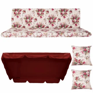 Poduszki ogrodowe 180cm na huśtawkę z jaśkami i daszkiem, w kwiatowy wzór i czerwonym odcieniu. Idealne do ogrodu lub na działkę.