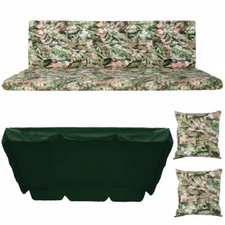 Poduszki ogrodowe 180cm na huśtawkę z jaśkami i daszkiem, zielono-brązowy wzór liści.