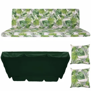 Poduszka na ławkę ogrodową 180 cm z jaśkami i daszkiem, wzór liście, zielono-biały.