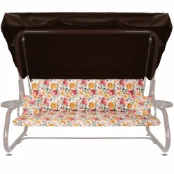 Poduszki na huśtawkę ogrodową z jaśkami, wzór kwiatowy, w odcieniach różowym i żółtym.