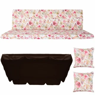 Poduszki ogrodowe 180cm na huśtawkę, z jaśkami i daszkiem. Kwiatowy wzór w odcieniach różu i brązu.