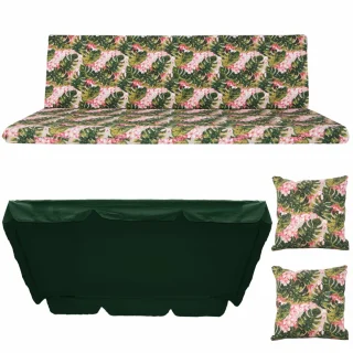 Poduszki ogrodowe 180cm na huśtawkę z daszkiem i jasieczkami, zielony wzór w liście i kwiaty. Idealne do ogrodu.