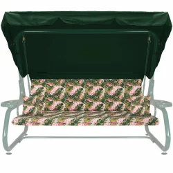 Poduszka ogrodowa 180cm, na huśtawkę, kompletna z daszkiem i jaśkami, zielono-różowy wzór liści.