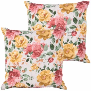 Zestaw poduszek dekoracyjnych na kanapę z kwiatowym wzorem w odcieniach różu, żółci i zieleni.
