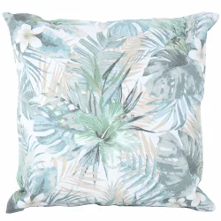 Poduszka dekoracyjna na kanapę, pojedyncza, w zielone liście i kwiaty na białym tle.