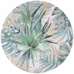 Poduszka dekoracyjna na kanapę z tropikalnym wzorem w zieleni i beżach. Pojedynczy jasiek w okrągłym kształcie.