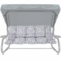 Poduszki na huśtawkę z jaśkami, wzór szare zawijasy na ławkę ogrodową.