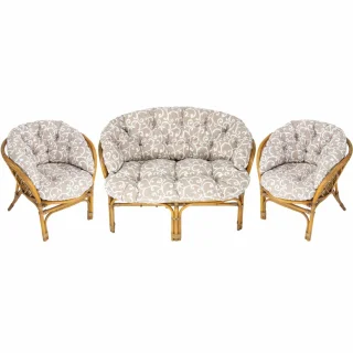 Komplet poduszek na rattanowe meble ogrodowe, przeznaczone do ogrodu. Dwukolorowy wzór na beżowym tle.