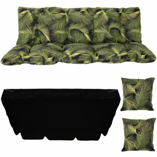 Poduszka ogrodowa 180 cm, na ławkę, z poduszkami dekoracyjnymi i daszkiem, zielony wzór liści.