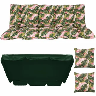 Poduchy ogrodowe 180cm na ławkę, na huśtawkę. Komplet z jaśkami i daszkiem, wzór w liście tropikalne.