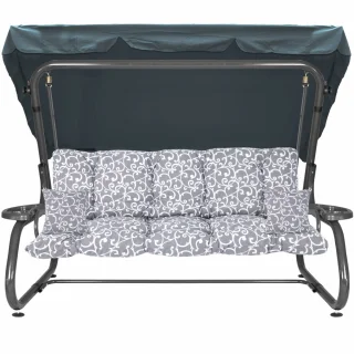 Huśtawka ogrodowa z daszkiem, w kolorze szaro-białym z dekoracyjnym wzorem. Idealna do ogrodu lub na taras.