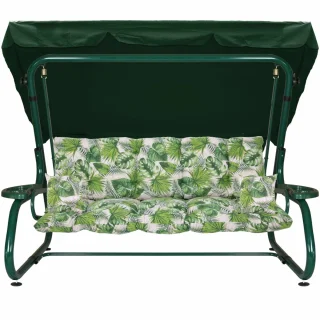 Metalowa huśtawka ogrodowa z motywem liści, przeznaczona do ogrodu. Całość w zielonej kolorystyce z daszkiem.
