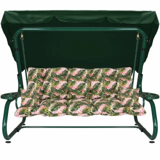 Huśtawka ogrodowa z zielonym daszkiem i kwiecistymi poduszkami. Przeznaczona do ogrodu.
