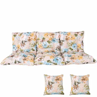 Poduszki ogrodowe 180cm na ławkę do ogrodu z jaśkami, w kwiatowy wzór. Pojedynczy zestaw w pastelowych kolorach.