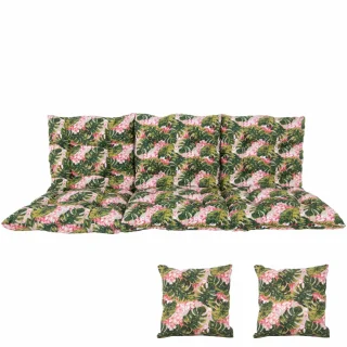 Poduszki ogrodowe 180cm z jaśkami na huśtawkę, wzór w liście i kwiaty. Kolor zielony z różowymi akcentami.