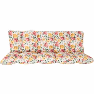 Poduszka na ławkę ogrodową 150cm, przeznaczona do użytku na tarasie, z kwiatowym wzorem w kolorach różowym i żółtym. Pełny komplet poduszki.