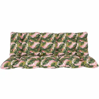 Poduszki 150cm na ławkę ogrodową z wzorem liści i kwiatów w zielono-różowej kolorystyce.