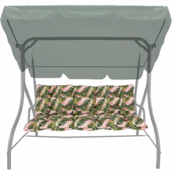 Poduszki ogrodowe 150cm na huśtawkę, wzór liści i kwiatów w kolorach zielonym i różowym.