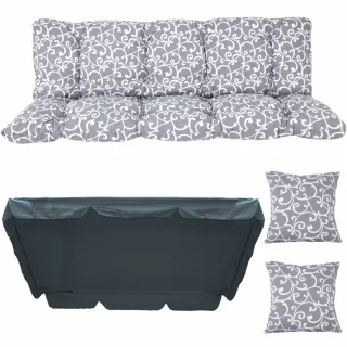 Poduszka ogrodowa 150cm z daszkiem i jaśkami, szary wzór. Idealna na huśtawkę ogrodową.