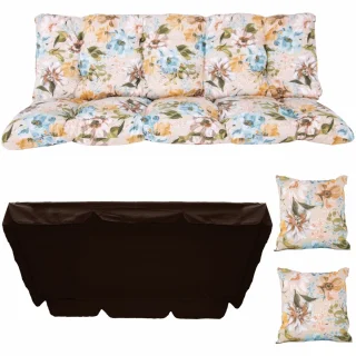 Poduszka ogrodowa 150cm, na huśtawkę, wielobarwny wzór kwiatowy, z jaśkami i daszkiem.