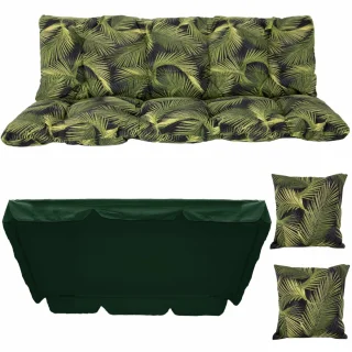 Poduszki ogrodowe 150cm na huśtawkę z jaśkami i daszkiem, zielono-czarny wzór z liśćmi.