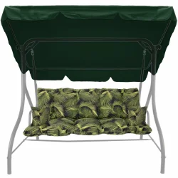 Poduszki ogrodowe 150cm na huśtawkę z daszkiem, w zielony wzór liści. Komplet zawiera jaśki.