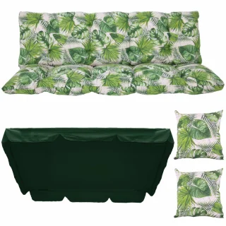 Poduszki ogrodowe 150cm na huśtawkę z jaśkami i daszkiem, wzór w zielone liście. Idealne do ogrodu.