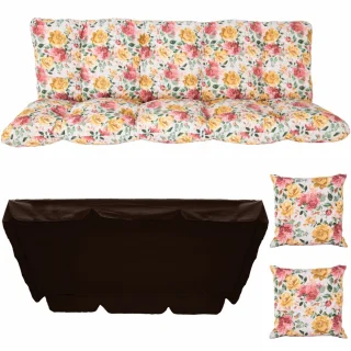 Poduszki ogrodowe na huśtawkę z daszkiem, komplet w kwiatowy wzór. Dominująca kolorystyka: żółcie i róże.