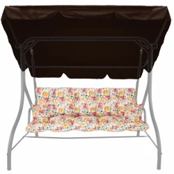 Poduszki ogrodowe na huśtawkę w kwiatowy wzór, z daszkiem. Kolorowe wzory kwiatowe na jasnym tle.