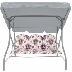 Poduszki ogrodowe 150cm na huśtawkę, w kwiatowy wzór w odcieniach fioletu i bieli.