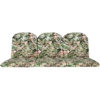 Poduszki ogrodowe 150cm na ławkę, w zielonym wzorze liściastym. Kompletny zestaw trzech części.