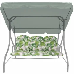 Poduszki ogrodowe na huśtawkę, 150cm, wzór liście tropikalne. Potrójna poduszka w kolorystyce zielono-białej.