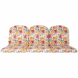 Poduszki ogrodowe 150cm na ławkę ogrodową, zestaw trzech poduszek z kwiatowym wzorem. Dominują kolory różowy, żółty i zielony.