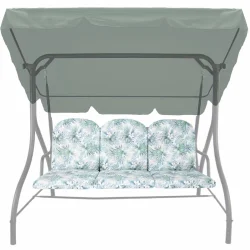 Poduszka na huśtawkę ogrodową 150cm, wzór liściasty w odcieniach zieleni i bieli.
