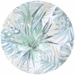 Poduszka ogrodowa z motywem roślinnym, w odcieniach zieleni i beżu, przeznaczona na ławkę na tarasie.