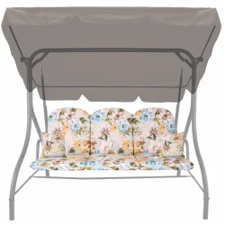 Ogrodowa poduszka na huśtawkę 150 cm, w kwiatowy wzór, z jasnymi kolorami. Kompletny zestaw z jaśkami.