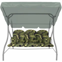 Poduszka na huśtawkę ogrodową z jaśkami, zielony wzór liści, przeznaczona do użytku na tarasie.